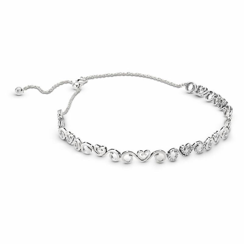 Pandora Heart Swirls Choker Necklace - Sterling Silver/Silicone/Cubic Zirconia - Canada | LC5876CY